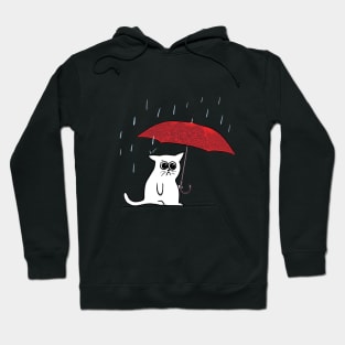 Cat and rain, cat with red umbrella Hoodie